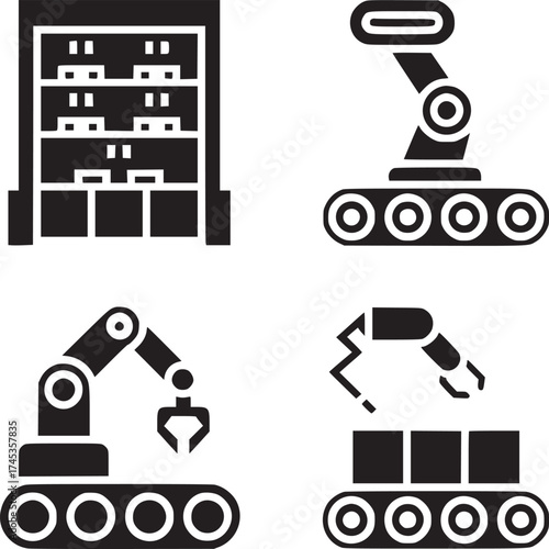 Illustration of a storage rack and three robotic arms on treaded platforms in black and white