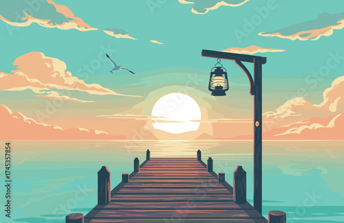 Wooden Pier at Sunset Over Calm Ocean Vector. Peaceful Seaside Dock Illustration with Lantern and Sunset.