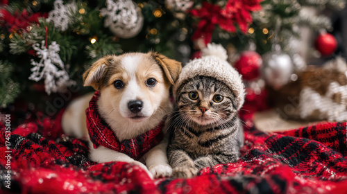 Cute adorable dog and cat pet friends together for holiday under festive Christmas tree, creating cozy and heartwarming seasonal picture
