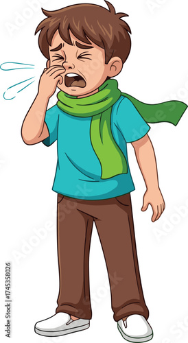 Cartoon child sneezing or crying with hand raised, sad expression, vector illustration for kids, illness, emotion, health, cold, reaction