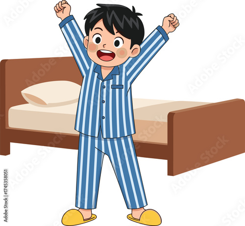 Cartoon child waking up in striped pajamas, cheerful morning routine pose, yellow slippers and bed background, energetic start vector illustration art