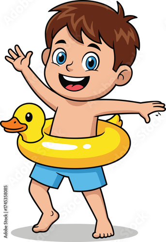 Cartoon child with duck swim ring, blue trunks and cheerful pose, playful water safety moment, summer fun character, vector illustration art