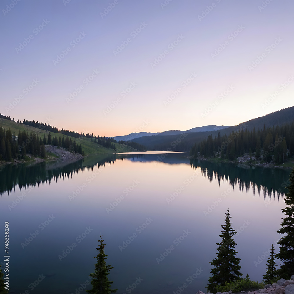 Fototapeta premium A serene lake reflects the surrounding forest and sky during dusk, creating a tranquil scene.