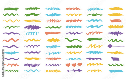 Colorful Hand Drawn Doodle Scribble and Underline Brush Strokes Set. Vector Collection of Wavy Lines, Zigzags, and Marker Shapes. Artistic Elements for Text Highlight, Annotation, and Creative Graphic