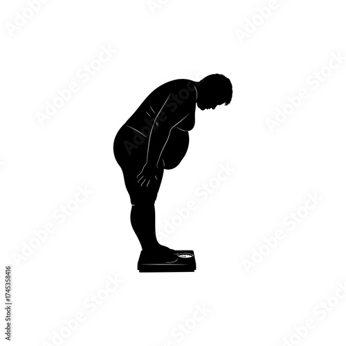Silhouette of overweight man checking weight on scale against white background