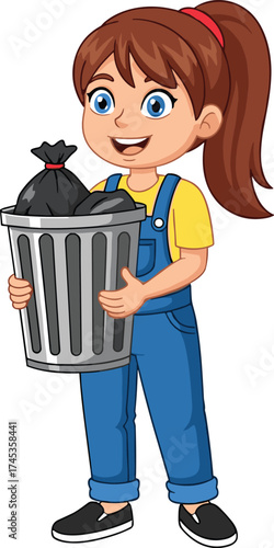Cartoon girl holding trash can, blue overalls and yellow shirt, cheerful cleanup pose, child environmental awareness character, waste disposal vector illustration
