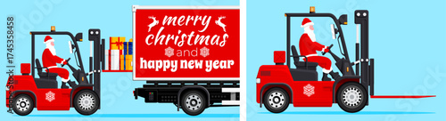 Man santa claus character on red forklift loading gift boxes onto truck with merry Christmas and happy new year lettering. Delivery service concept.