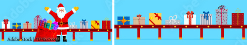 Man Santa Claus stands near a large red bag of gifts on a conveyor belt with presents. Christmas holiday gift delivery concept.