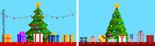 Christmas tree with gifts on conveyor belt. Celebration of Christmas and New year, delivery of presents. Illustration of holiday shopping for winter season.