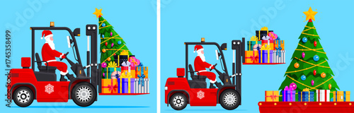 Santa Claus on a forklift carrying Christmas tree and gifts. Holiday delivery service, Christmas preparation, New Year celebration concept.