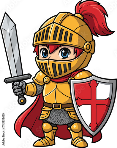 Cartoon knight in golden armor, red cape and sword, heroic character pose, medieval warrior illustration, fantasy battle shield vector art