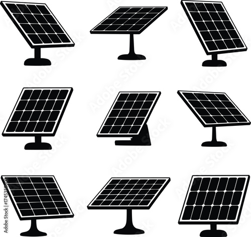 Set of Solar Panel Icons for Renewable Energy Design. Black Silhouette Solar Panels Collection for Eco Projects.