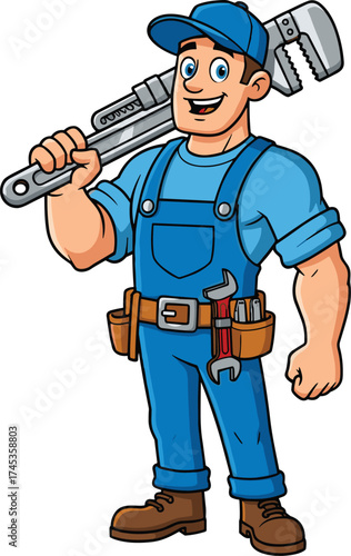 Cartoon plumber holding wrench, blue uniform and tool belt, smiling tradesperson character, professional repair service pose, handyman vector illustration art