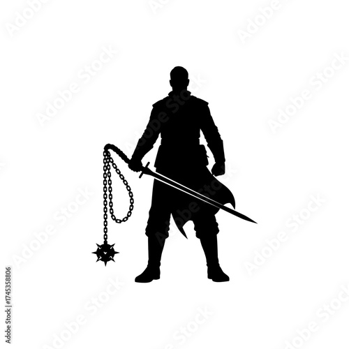 Silhouette of a warrior holding a sword and a flail against white background