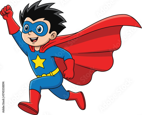 Cartoon superhero child flying forward, joyful action pose, blue costume with red cape, bravery and energy concept, dynamic character vector illustration