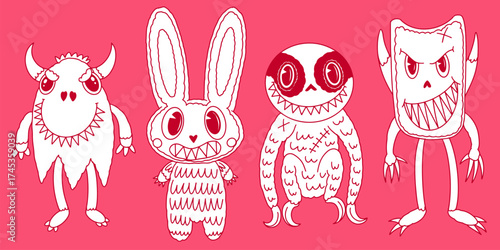 Cute and scary Monster Characters set. Rabbit, cat and bear with claws and horns. Funny mascot kawaii beasts in hand drawn modern style. 