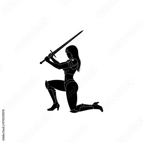 Silhouette of a female warrior kneeling and holding a sword above her head