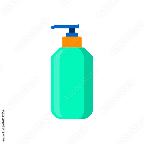 Green pump bottle with orange and blue dispenser top.