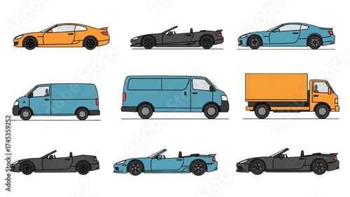 Set of Car Contours Vector Illustration – Different Vehicle Models in Outline Style