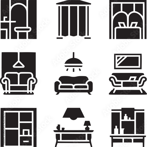 Nine black and white icons depicting furniture and interior design elements in a square arrangement