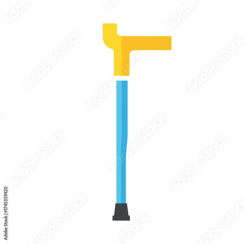 A bright yellow and blue forearm crutch with a black rubber tip.