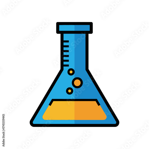 Blue Erlenmeyer flask with yellow liquid and bubbles.