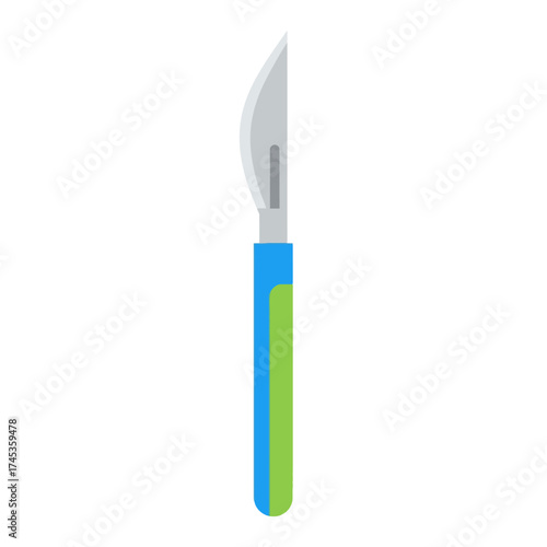 Surgical scalpel with blue and green handle for medical procedures and operations.