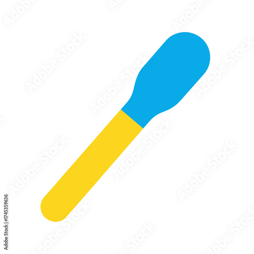 Colorful spatula tool with a blue head and yellow handle for mixing and stirring ingredients.