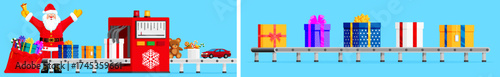 Santa claus in production workshop making and packing presents for Christmas Holiday. Conveyor belt with gift box, toy and christmas cookie. Flat style.