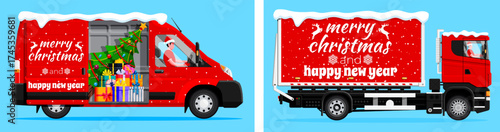 Delivery man in Santa hat driving Christmas van and truck for holiday present delivery. New Year gift transport. Shipment business.