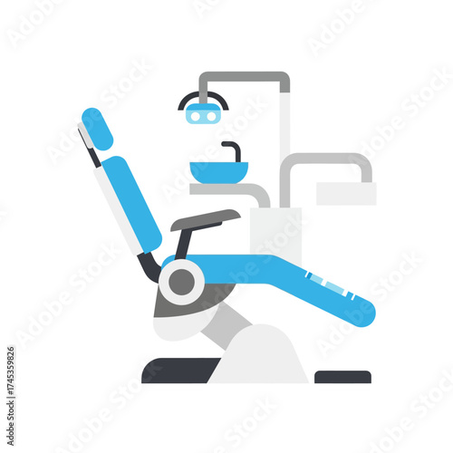 Modern dental chair with equipment for patient treatment in clinic.