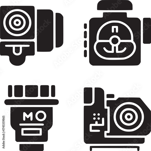 A set of four black and white icons depicting different types of camera equipment in a grid format