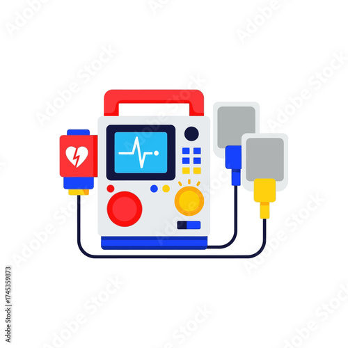 Illustration of a Defibrillator with Pads and Display Screen.