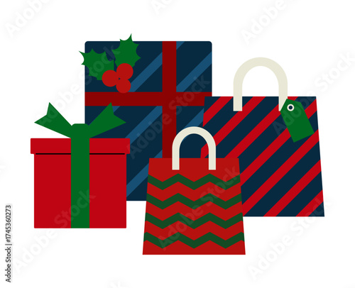 青、赤、緑のカラーのクリスマスギフトが並んだシンプルなイラスト素材