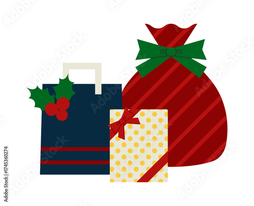 リボンや柊でラッピングされたシンプルな柄のクリスマスギフトイラスト素材