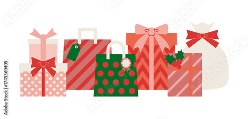 ピンクの可愛いギフトが並んだクリスマスのイラスト素材