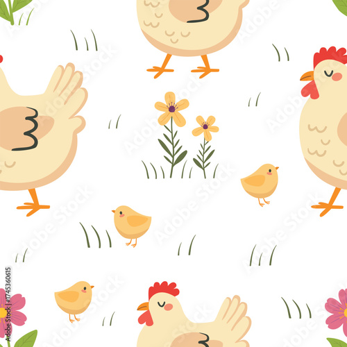 Cute seamless pattern with chickens, chicks, flowers. Сottage core country life style repeating vector background