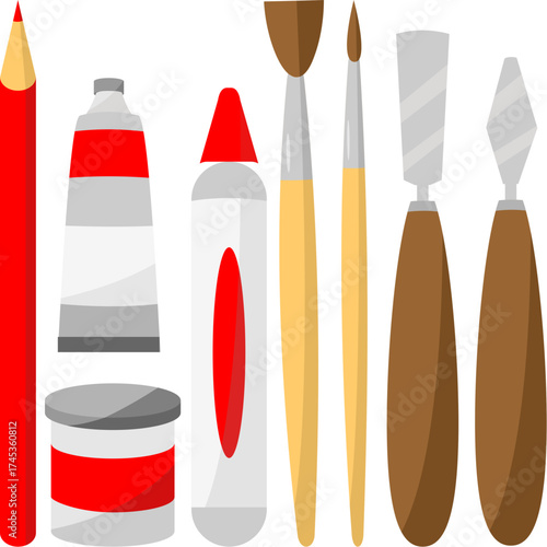 Creative artist tool set with paint brushes and palette knives