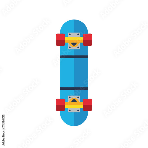 A bright blue skateboard with red wheels and yellow trucks.