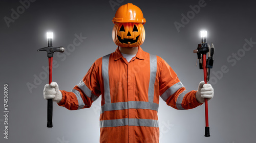 Spooky engineer worker in Halloween costume mixing safety gear and pumpkin head. This character holds glowing light with an evil grin