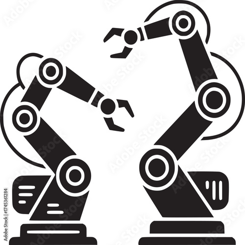 Two black robotic arms with claw like hands and circular joints on a white background isolated