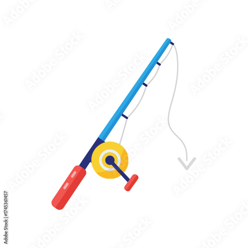 Blue fishing rod with red handle and yellow reel for recreational angling.