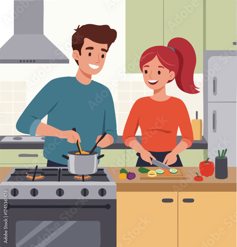Flat Style Couple Cooking Meal Preparation Inside Kitchen Illustration