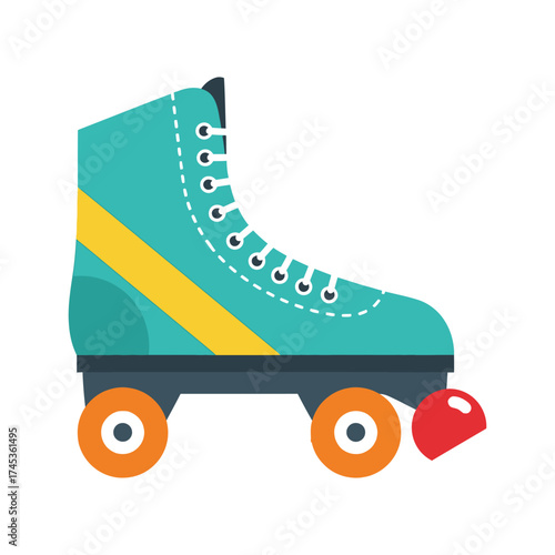 Retro roller skate with orange wheels and a red toe stop.