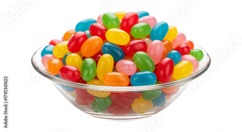 A vibrant bowl of assorted jelly bean candy isolated on transparent background, a sweet and colorful confection
