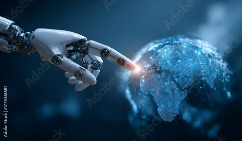 robot hand touching human finger on a digital earth globe with global network connection technology concept, a futuristic robot and artificial intelligence concept