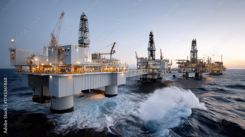 Fototapeta premium Three large offshore structures rise from the ocean, showcasing the complex design and technology used in energy extraction at sea
