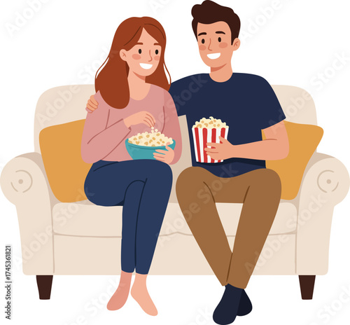 Flat Illustration of Couple Enjoying a Movie on a Couch