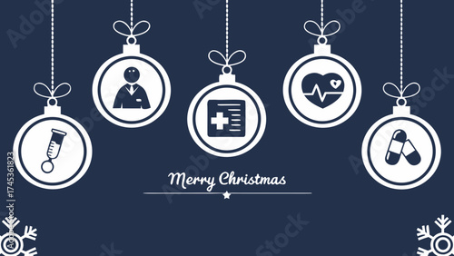 Vector illustration of a Christmas card for doctors, scientists, or healthcare professionals. Christmas ornaments with DNA, microscope, and medical symbols on a red background.