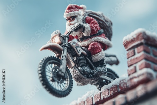 Santa claus delivering christmas gifts on a motorcycle in winter snow